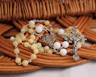 Our Lady of the Miraculous Medal Cross Rosary, Yellow Calcite and Pearl Shell