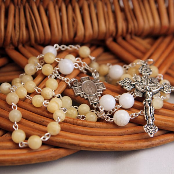 Our Lady of the Miraculous Medal Cross Rosary, Yellow Calcite