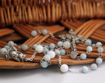 Mary and Baby Jesus Rosary, Amazonite and Shell