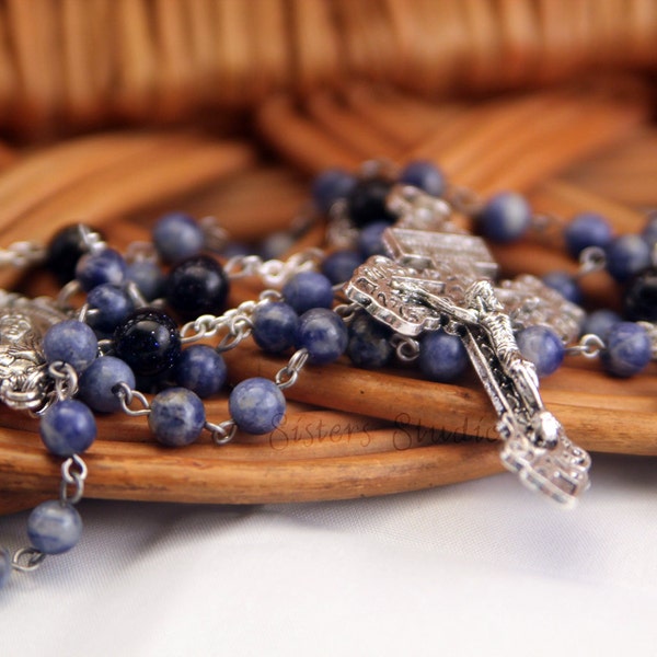 Immaculate Heart of Mary Rosary, Sodalite and Blue Goldstone