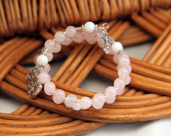 Holy Family Rosary Bracelet, Rose Quartz and Pearl Shell