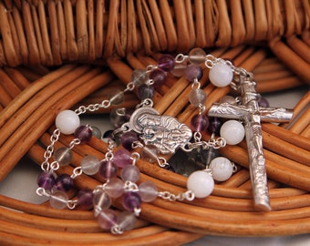 Madonna and Child Rosary, Rainbow Fluorite and Shell