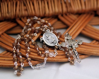 Infant Jesus of Prague Rosary, Gold Smoke Topaz Crystal Rosebuds