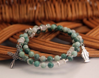 Our Lady of Grace Rosary Bracelet, Ching Hai Jade and Snow Quartz