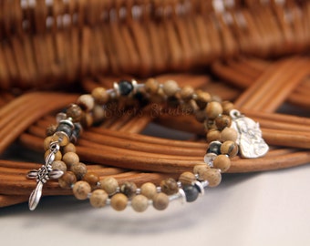 Our Lady of Perpetual Help Rosary Bracelet, Painted Jasper and Blue Labradorite