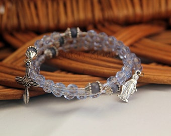 Our Lady of Grace Rosary Bracelet, Ice Blue Crystal and Blue Aventurine