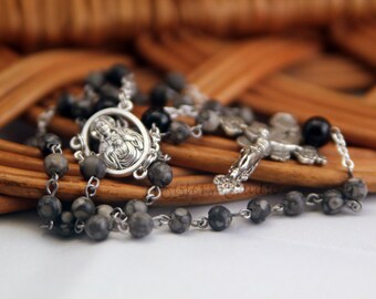 Sacred Heart of Jesus Rosary, Fossil Agate and Obsidian