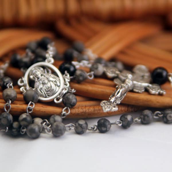 Sacred Heart of Jesus Rosary, Fossil Agate and Obsidian