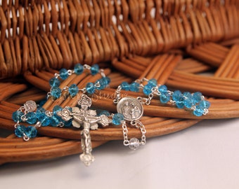 Holy Family Rosary, Aquamarine and Clear Crystal Rosebuds