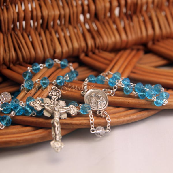 Holy Family Rosary, Aquamarine and Clear Crystal Rosebuds