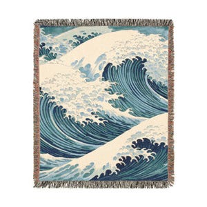 Woven Blanket, Hokusai Wave, Japandi Style, Ocean Blanket, Cozy Throw, Blue Blanket, Japanese Decor, Coastal decor ,Beach Blanket