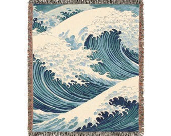 Blue vintage japanese wave blanket, beautiful ocean hokusai painting , art lovers tapestry gift, coastal modern statement piece home ,