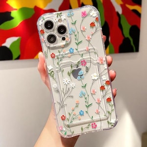 Funda floral transparente con tarjetero: funda suave y estética para iPhone 7 a 16 Pro Max