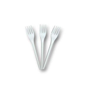May include: Three white plastic forks arranged on a white background. Each fork has four tines and a long handle. The forks are angled, creating a visual triangle. Ideal for picnics or parties.