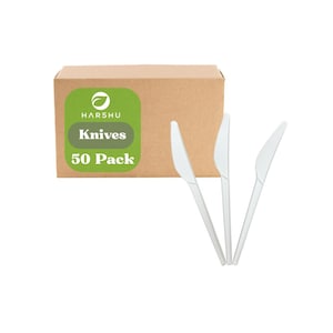 May include: A cardboard box with a green label that reads "HARSHU Knives 50 Pack" is displayed with three clear plastic knives. The knives are arranged in a fan shape, showcasing their sharp edges.