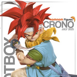 May include: A detailed action figure of Crono from "Chrono Trigger" with red spiky hair, a blue tunic, and a sword. The figure is in a dynamic pose, with the text "nomnom Figures CRONO JULY 2025" visible.