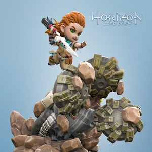 Może przedstawiać: Szczegółowa figurka postaci z gry wideo Horizon Zero Dawn. Figurka przedstawia postać żeńską z rudymi włosami, zielonymi oczami i beżowym strojem, trzymającą broń. Figurka jest ustawiona na mechanicznym stworzeniu. Widoczne jest logo gry.