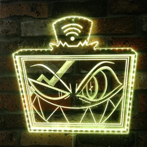 May include: A neon-lit wall art piece featuring a stylized, cartoonish face with sharp teeth and an angry expression. The design is framed with a bright border and topped with a hat displaying a Wi-Fi symbol. The artwork is mounted on a brick wall.
