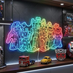 Transformers Autobots Optimus Prime Bumblebee Jazz Ironhide Prowl LED Sign, LED Game Room Decor with multi colors, Unique Glowing Charm Gift
