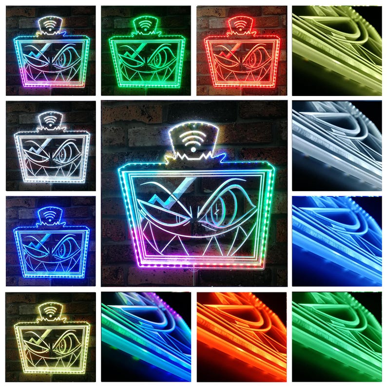 May include: A collection of LED light-up signs featuring a cartoon character with a menacing grin and sharp teeth. The signs have a rectangular shape with a WiFi symbol on top and are illuminated in various colors, including green, red, and blue.