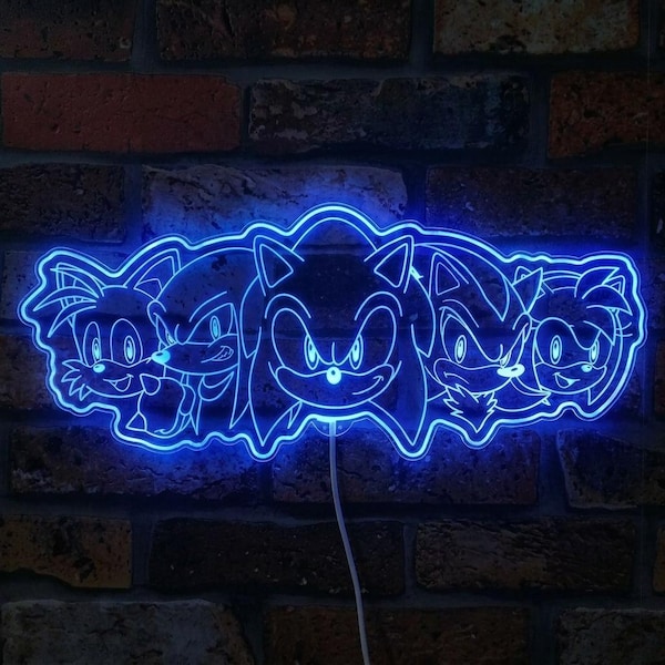Sonic the Hedgehog Tails Knuckles Shadow Amy Rose Light Up LED Sign, LED Game Room Decor with multi colors, Unique Glowing Charm Gift
