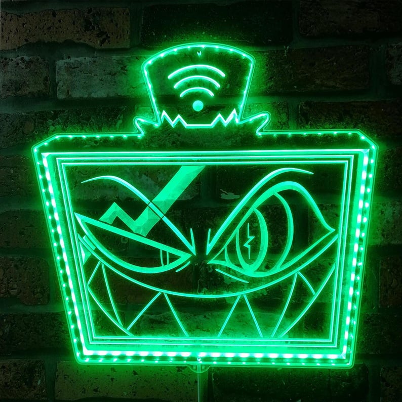 May include: A neon green LED sign featuring a stylized cartoon face with sharp teeth and an angry expression. The sign has a WiFi symbol on top and is mounted on a brick wall.