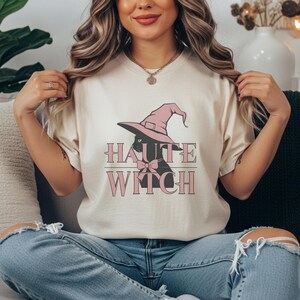 Haute Witch Shirt for Women Pink Black Cat Witch Hat Bow Retro Halloween Tee Neutral Beige Fall Graphic T Shirt