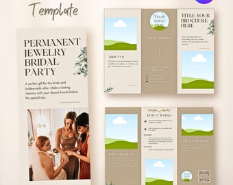 Puede incluir: Una plantilla de folleto tríptico con el texto "PERMANENT JEWELRY BRIDAL PARTY". El folleto tiene una combinación de colores beige y blanco con detalles florales. La plantilla incluye secciones para un logotipo, lemas pegadizos e información de contacto.