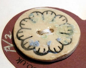 Pair of medium handmade ceramic pottery buttons - 2 medium blue cream handpainted pottery buttons C61