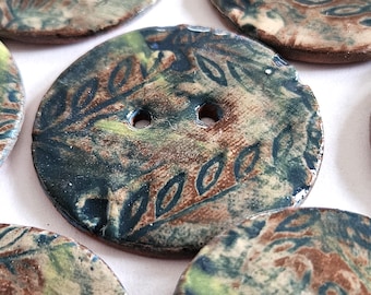 Large handmade ceramic button - single round green and white handpainted pottery button C2