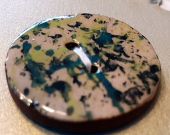Handmade large ceramic button - single large circle pottery button, handpainted green button C1
