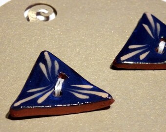 Pair of small handmade ceramic buttons - 2 small blue triangle buttons C107