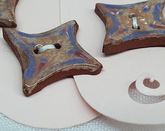 Pair of small handmade ceramic buttons -  2 handpainted square pottery buttons multiple colour options C136 C137