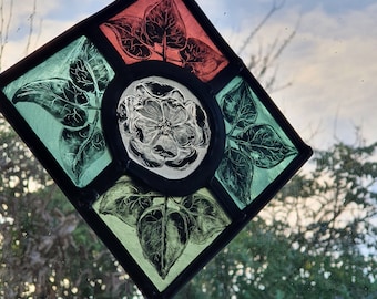 Leaded stained glass panel hand painted suncatcher tudor rose window hanging.