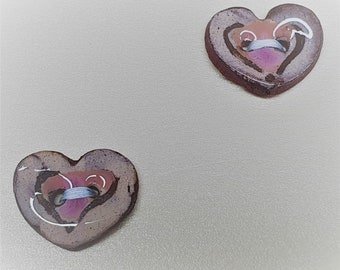 Pair of small handmade ceramic buttons - 2 small pink/purple heart shaped handpainted pottery buttons multiple colour options C125 C126 C40