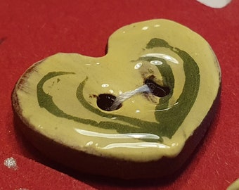 Pair of small handmade ceramic buttons - 2 small yellow & green heart shaped handpainted pottery buttons C37 C70