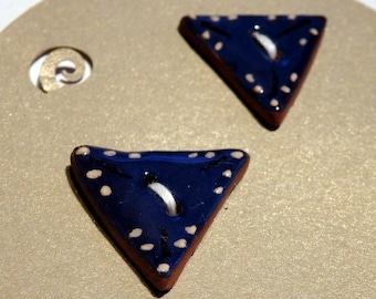 Pair of small handmade ceramic buttons -  2 small handpainted blue triangle buttons C105