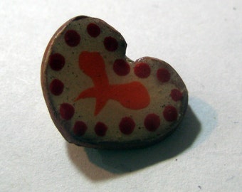 Pair of small handmade ceramic buttons - 2 small red  heart pottery buttons C11