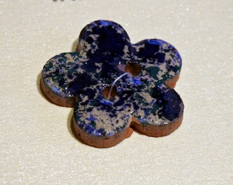 Pair of small handmade ceramic pottery buttons - 2 small blue cream flower handpainted pottery button C104