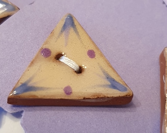 Pair of small handmade ceramic buttons - 2 triangle handpainted purple pottery buttons C122 C124