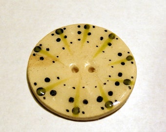 Handmade large ceramic button - single large circle pottery button, handpainted green black and cream  button C74