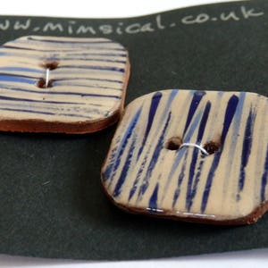 Pair of medium handmade ceramic buttons - 2 square striped blue handpainted pottery button C94