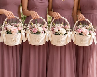 Personalized Wedding Basket with Pearl Letters, Bridal Shower Basket, Wedding Favor, Bridesmaid Gift, Flower Girl Gift, Bridal Party Gift