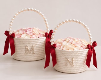 Wedding Accessoiries Flower Girl Basket, Custom Boho Wedding Decor, Bridal Party Petal Basket with Pearl Handle, Engagement Gift