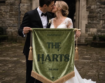 Embroidered Last Name Flag, Personalized Wedding Gift for Couple, Custom Velvet Family Banner, Bridal Shower Gift Decor, Anniversary Gift