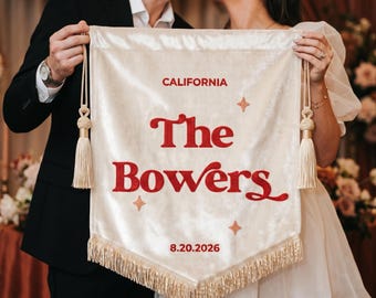 Personalized Last Name Sign, Custom Wedding Reception Decor,Velvet Pennant Flag,Wedding Head Table Sign,Embroidered Pennant,Anniversary Gift