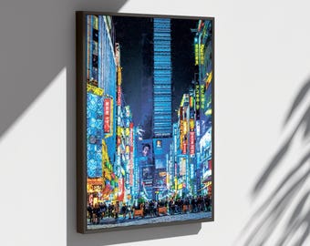 Tokyo Night Cityscape Digital Painting – Neon Lights Urban Wall Art, Japan Travel Poster ART0089