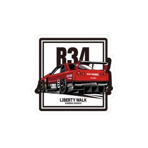 May include: A red sports car sticker featuring the text "R34" and "Liberty Walk Kansai Osaka" within a black rectangular frame. The car has a large rear wing and black detailing.