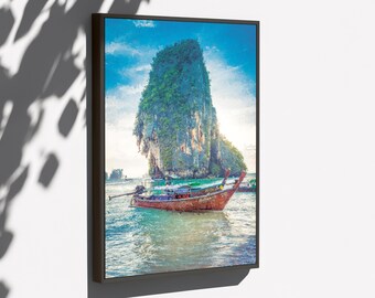 Art mural paysage marin de Thaïlande - Impression numérique tropicale avec bateaux à longue queue et falaises ART0086