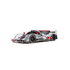May include: A sticker featuring a silver Audi race car with black wheels and red accents. The car has the number 1 on the side and the words "Audi ultra" are visible. The sticker is on a white background.